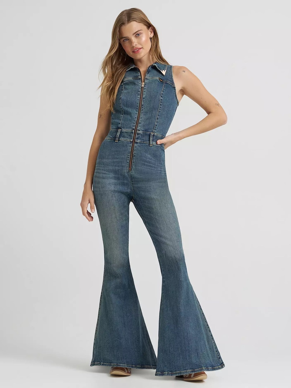 Lainey Wilson x Wrangler Denim Sleeveless Zip-Front Denim Flare Catsuit